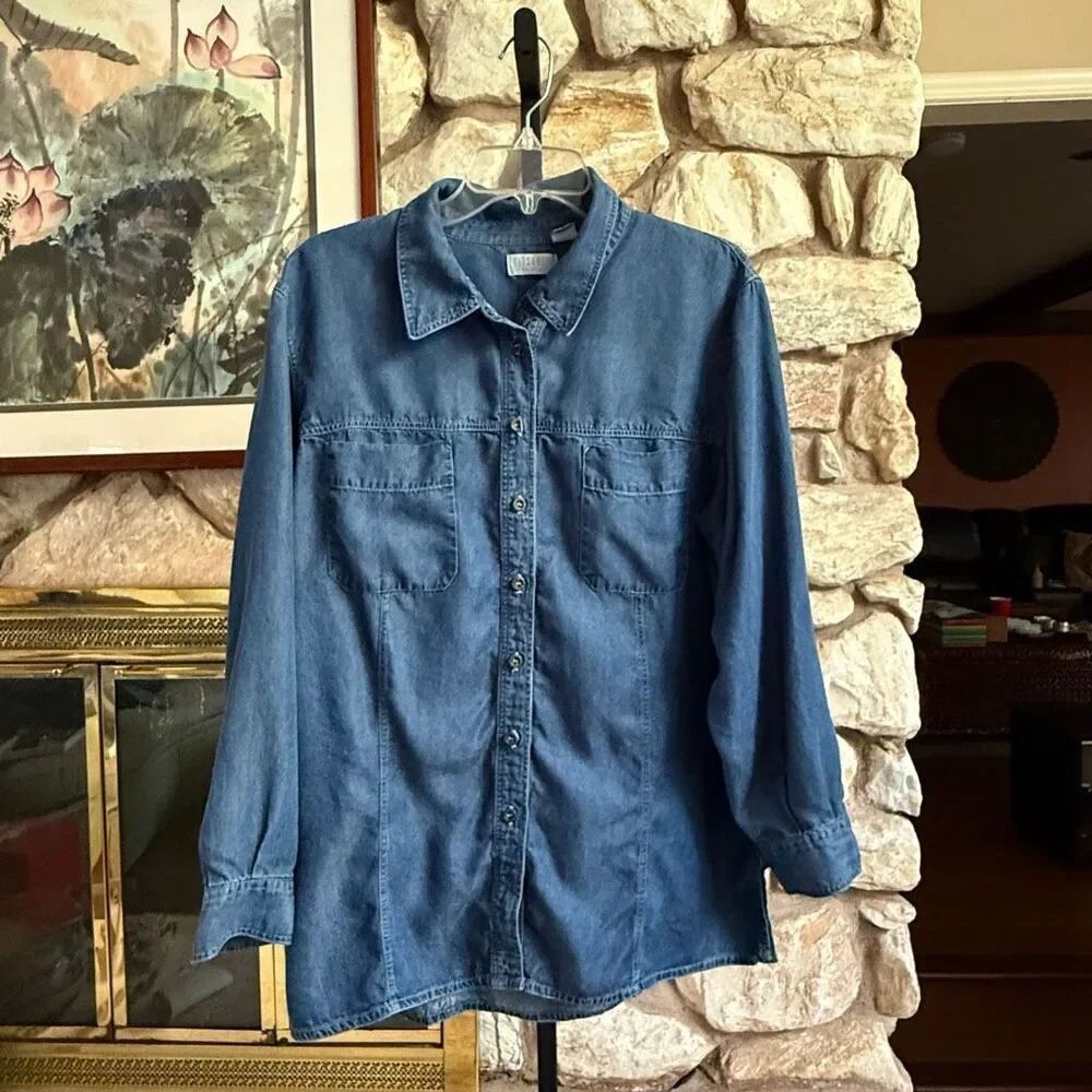 Elisabeth Liz Claiborne chambray/denim womens button down long sleeve top 16 PET